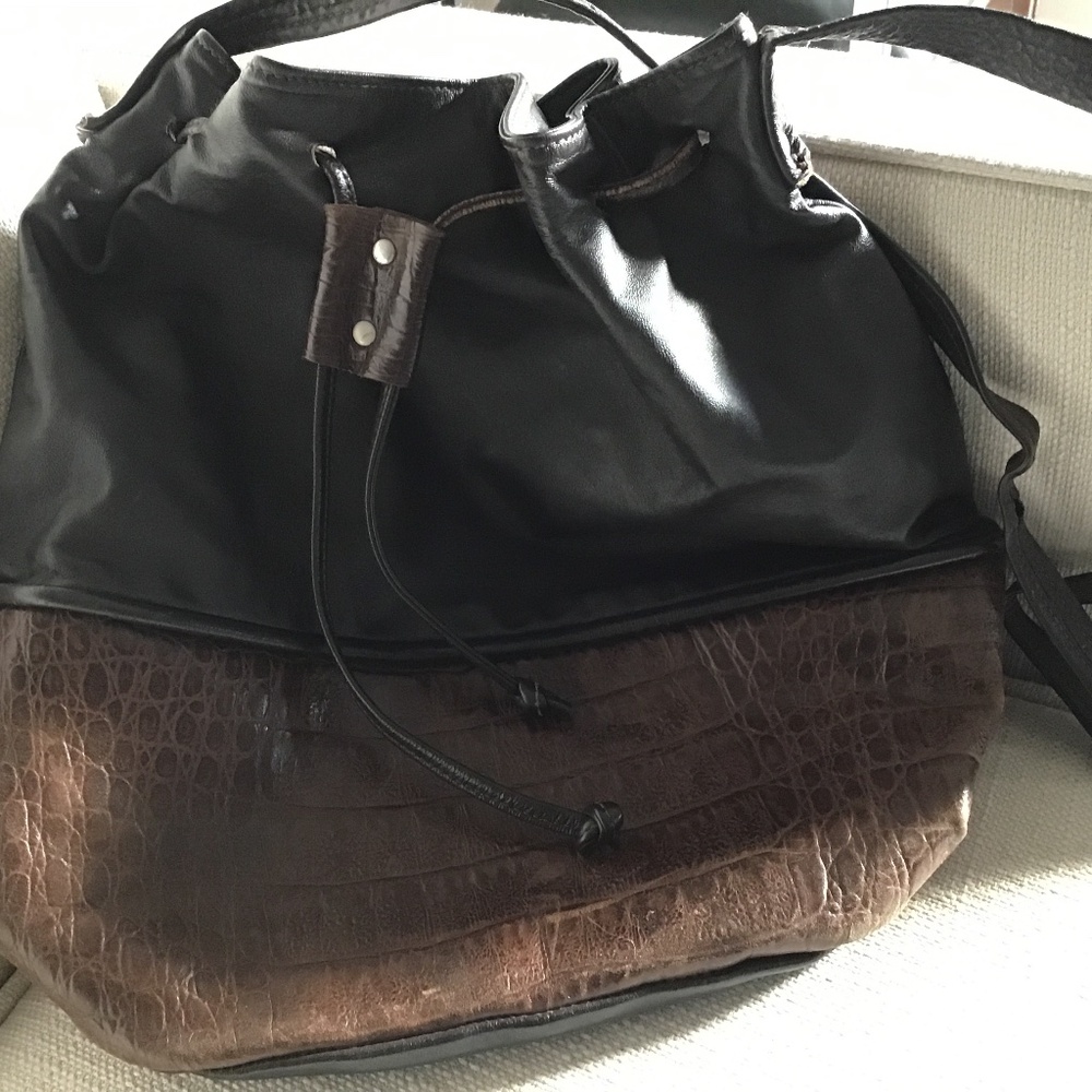 Chocolate brown leather drawstring hobo bag